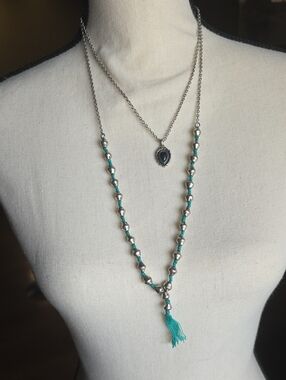 Silver Toned Bead / Tassel Layered Necklace Woth Black Onyx Like Stone